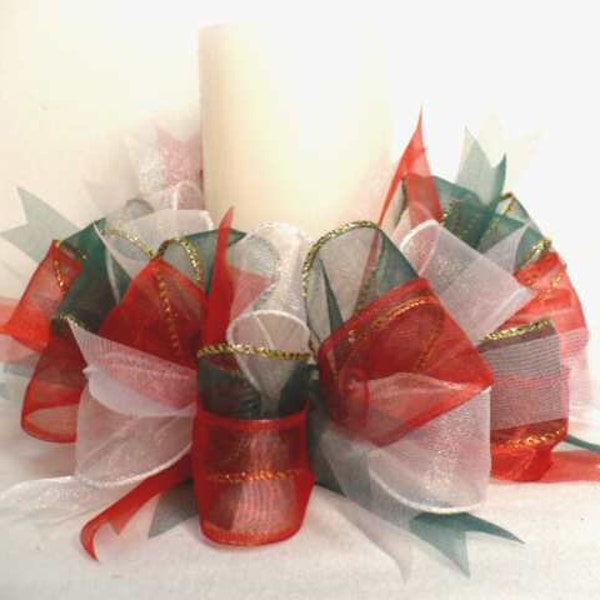 Red green white candle ring, red white green ribbon candle wreath, holiday center piece.