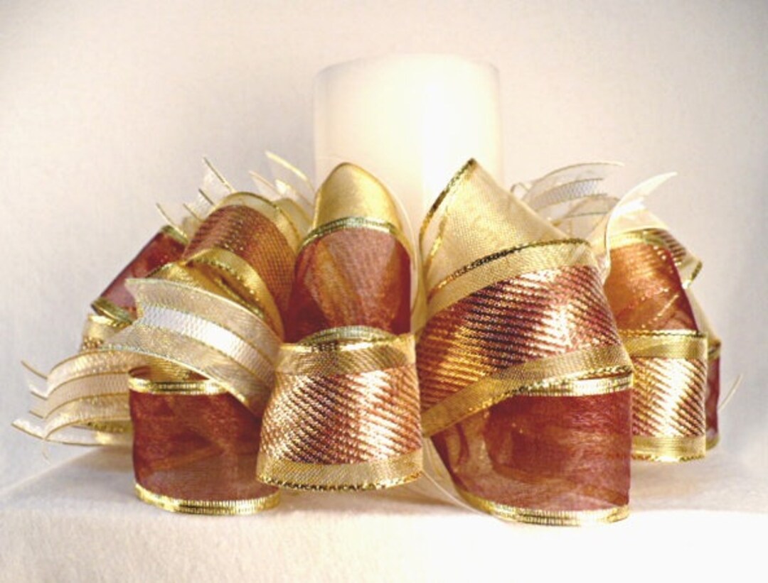 Burgundy Gold Ribbon Candle Ring, Christmas Candle Ring, Ribbon Candle