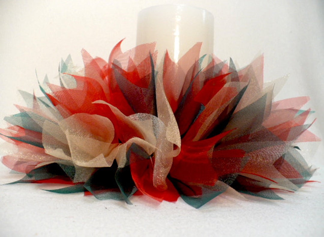 Red/green/gold Tone Ribbon Candle Ring, Ribbon Candle Ring, Pillar