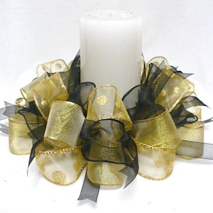 Black gold table center decoration, table center decoration gold black ribbon candle ring,  wedding decoration.