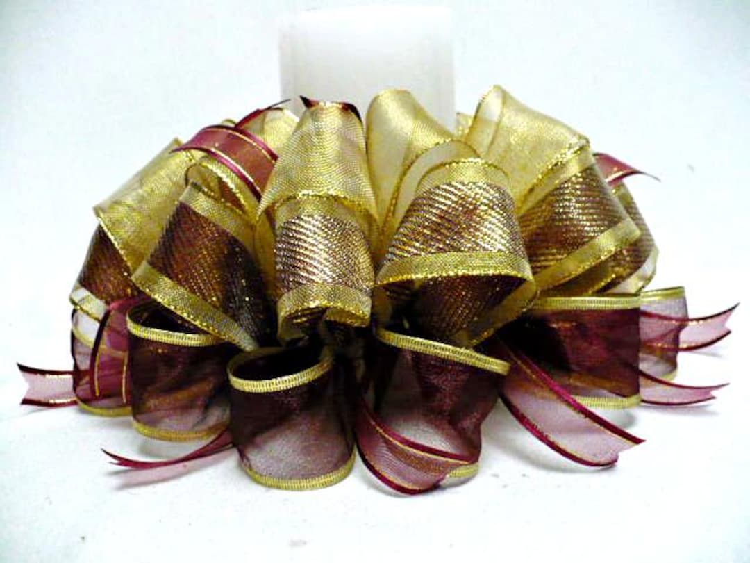 Centerpiece Ribbon Burgundy Gold Center Piece, Handmade Burgundy Gold Ribbon Candle Ring ...