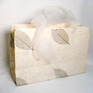 Handmade Mulberry Paper Gift Bags with Skeleton Leaves, Ribbon Handles, Pack of 2