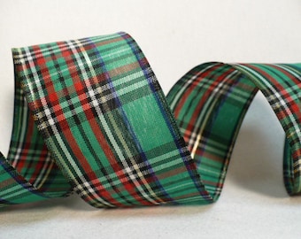 Green Plaid Wired Ribbon: Christmas Green, Red, Gold Plaid (2" x 20 Yards)