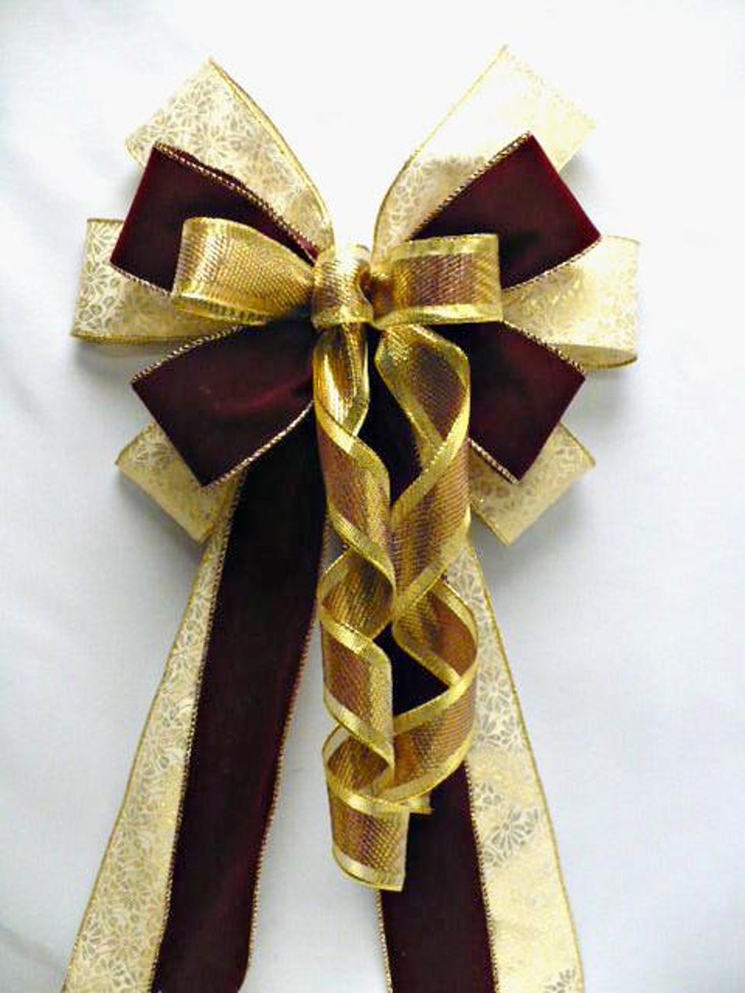 Large Velvet Christmas Tree Bow, Burgundy Gold Floral - Etsy
