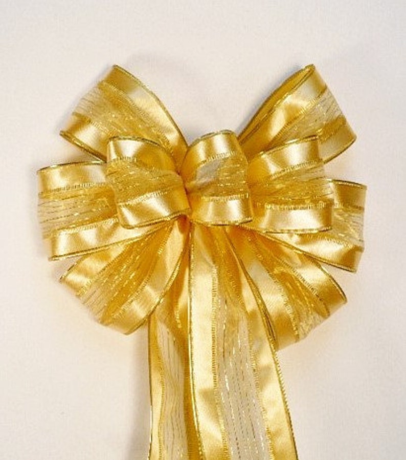 Christmas Gold Wreath Bow, Designed Gold Satin Sheer Gold Multiple Gold