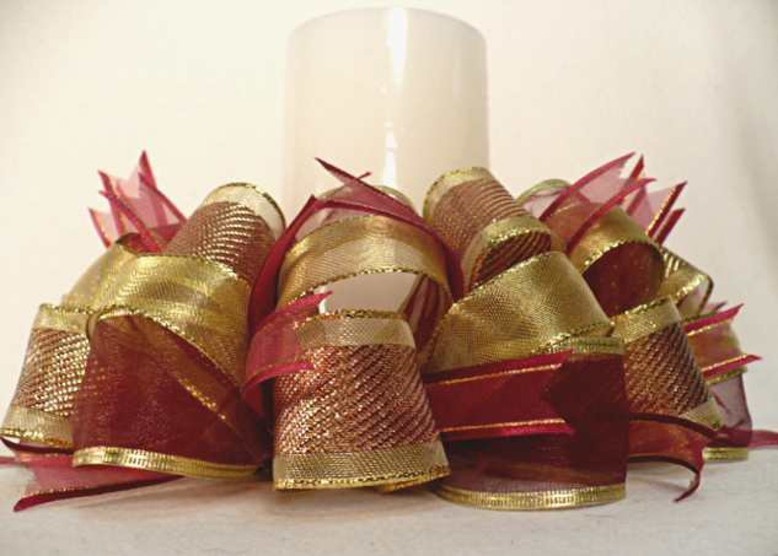 Burgundy Gold Ribbon Candle Ring Christmas Candle Ring Etsy