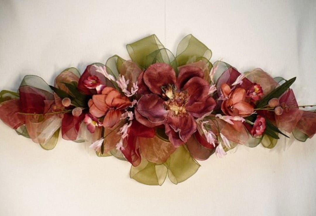 Horizon Handmade Floral Ribbon Swag, Burgundy Magnolia Swag, Mauve