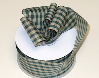 Primitive gingham hunter green check cut edge ribbon, hunter green tea dye country check cut edge ribbon 25 yards.