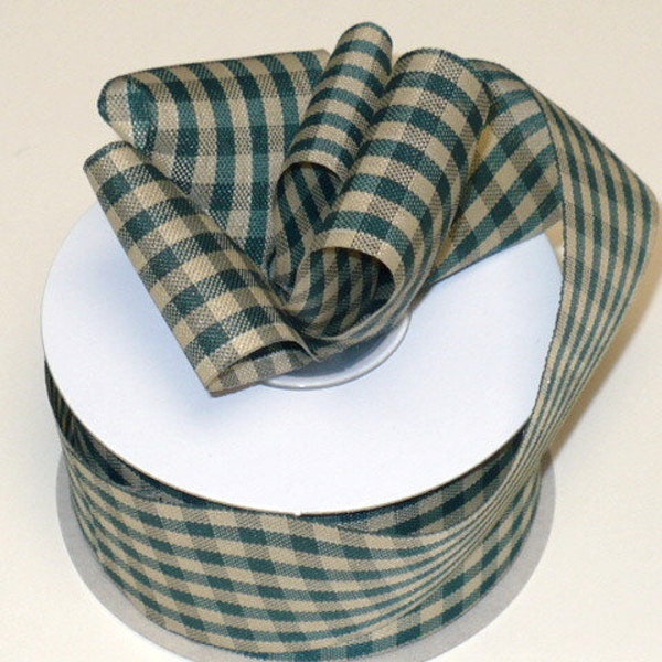 Primitive gingham hunter green check cut edge ribbon, hunter green tea dye country check cut edge ribbon 25 yards.