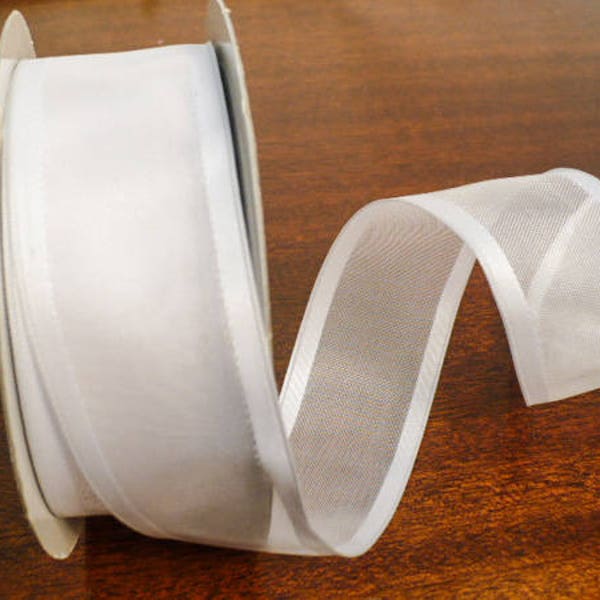 White solid trim both edge wired sheer center ribbon,  sheer white solid edge wired ribbon 1.5" x 20 yards.