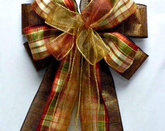 Large Fall Wreath Bows, Copper Gold Plaid Ribbon, Thanksgiving Decor