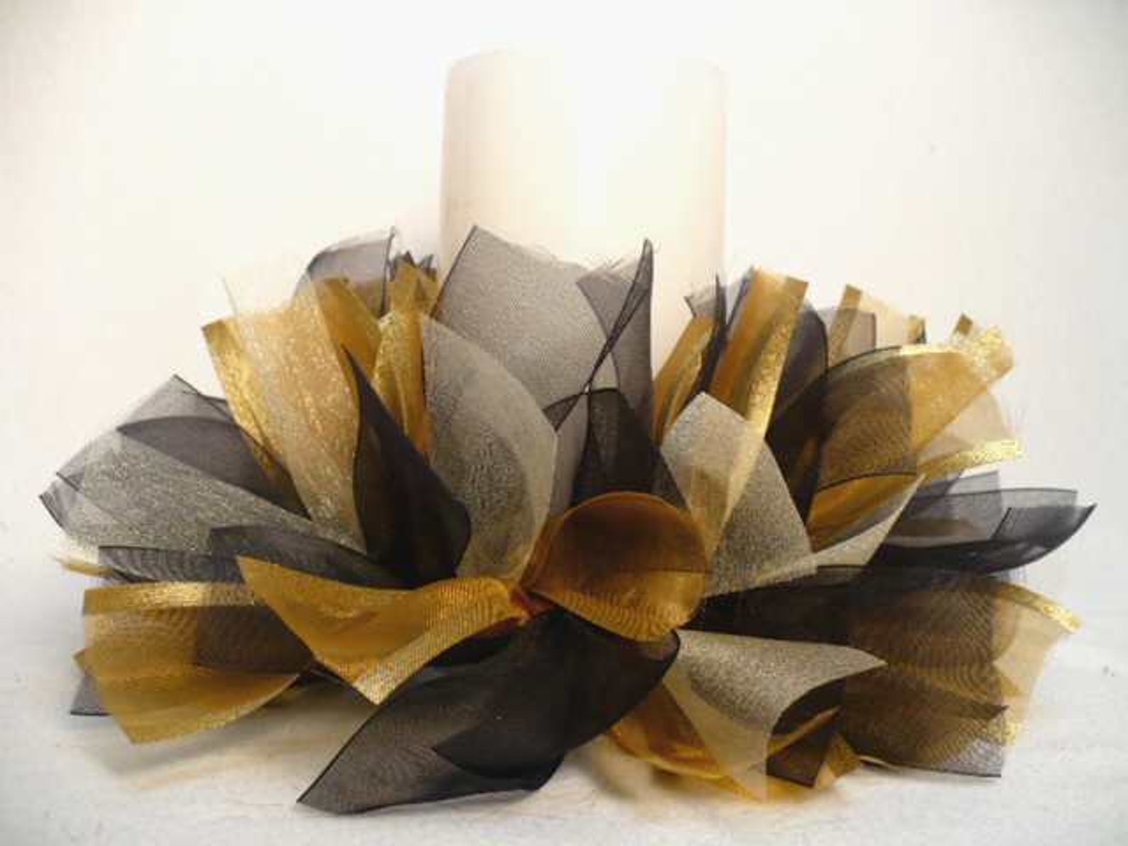 Black Gold Tone Ribbon Candle Ring Ribbon Candle Wreath Etsy