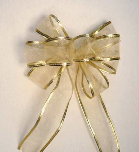 Set of 4 gold bows, medium sheer gold metallic gold wired bow, sparkle  sheer gold/gold tone bow, garland/wreath bow, gift bow, decor bow.