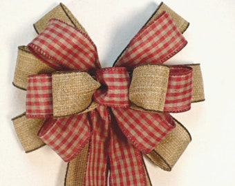 Primitive Burlap Wreath Bow, Burgundy Gingham Check, Farmhouse Decor