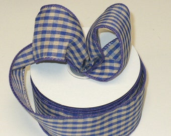 Blue tan gingham wired ribbon, gingham wired ribbon, check ribbon, country check  ribbon, wired ribbon blue checker 2" x 9.75 yards.