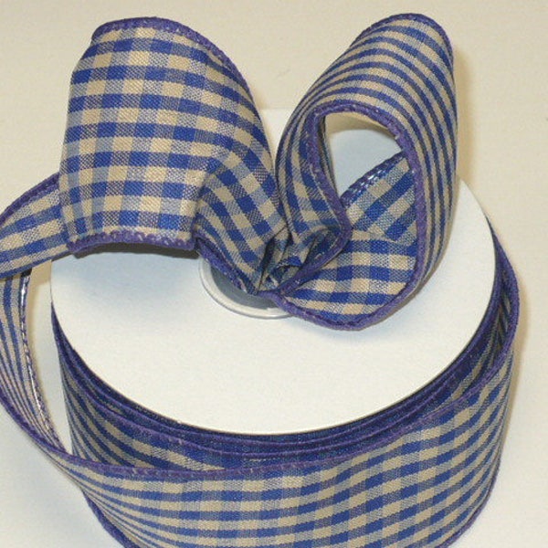 Blue tan gingham wired ribbon, gingham wired ribbon, check ribbon, country check  ribbon, wired ribbon blue checker 2" x 9.75 yards.