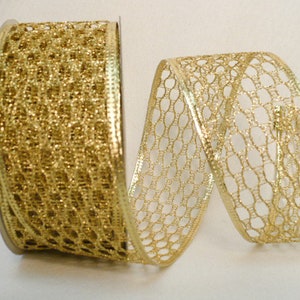 Metallic gold net wired 2" x 15 yards, gold wired ribbon, holiday ribbon, wreath ribbon.