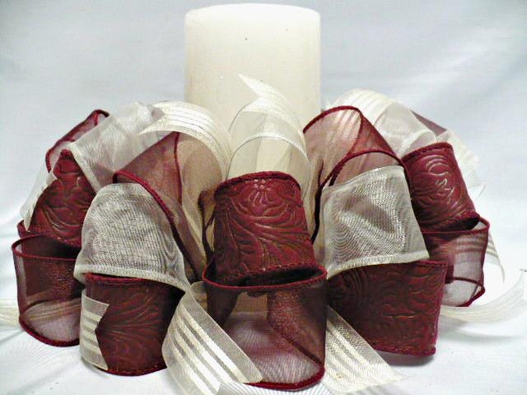 Centerpiece Ribbon Handmade Burgundy Ivory Ribbon Candle Ring, Centerpiece Decor (10-11 ...