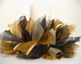 Gold black tone ribbon candle ring, black gold tone ribbon candle wreath, every day table center piece.