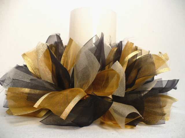 Gold Black Tone Ribbon Candle Ring, Black Gold Tone Ribbon Candle