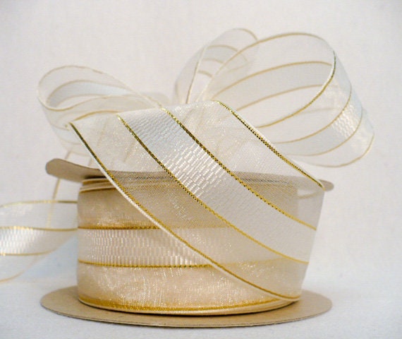Wired Metallic Sheer Ribbon with Gold Stripes, 25 yards