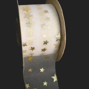 50 yards gold star print on white sheer cut ribbon, star gold print ribbon, gift packaging ribbon, gift bow ribbon 2"x50Y.