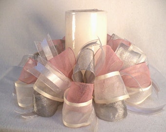 Ribbon candle ring, pink cream silver ribbon candle ring, table center decoration.