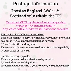 May include: Postage information for orders within the UK. Due to new GPSR regulations, orders with a NI address will be cancelled. Free 24 tracked delivery is estimated, but not guaranteed next day service. Special delivery upgrade is a guaranteed next business day service. *Posted after the making time*