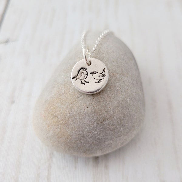 Tiny Robin and Wren Bird Necklace - Silver Birds Pendant - garden birds gifts - sterling silver Bird jewellery