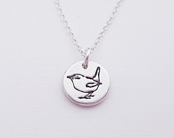 Tiny Wren Necklace, Silver Wren Pendant, Wren Wild Bird Necklace, Wren British Bird Pendant, Handcrafted Tiny Bird Pendant