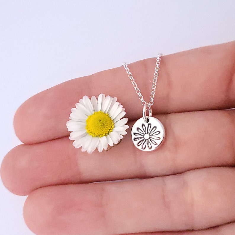 May include: A silver necklace with a delicate daisy charm. The charm is a round disc with a raised daisy design. The necklace is shown on a hand with a real daisy.