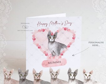 personalised sphynx cat mother's day card, hairless cat mum card