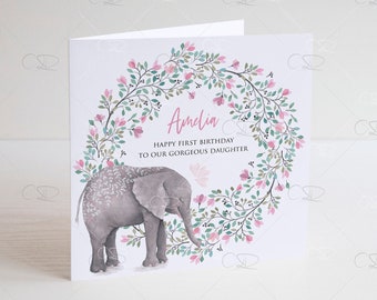 cute personalised elephant first birthday card, 1st 2nd 3rd, 4th 5th keepsake birthday card, niece, daughter, granddaughter birthday card