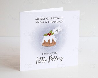 Personalised grandparents Christmas card, Nana and Grandad, Nanny, Nanna, Grandpa christmas pudding card, christmas keepsake