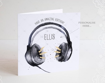 personalised MUSIC birthday card, teenager birthday card, teen, headphones birthday card, DJ, musician, music lover