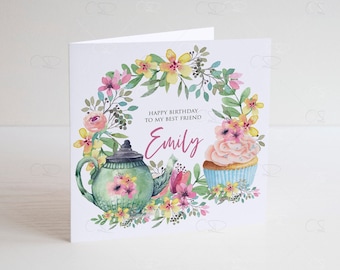 personalised beautiful best friend Birthday card, teapot birthday card, mum birthday card, nan, nanny, Nanna, grandma, sister 50th 60th card