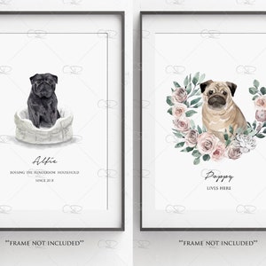 personalised pug print, apricot pug watercolour print, black pug memorial print, fawn pug illustration, pug gift memory