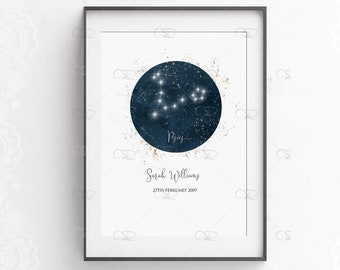 Personalised Zodiac Print, Aquarius Print, pisces Print, Capricorn Print, horoscope Star sign constellation Print, astrology gift stars