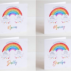 personalised rainbow birthday card, Mummy, Daddy, Mum, Dad, Nanny, Nanna, Nan, Grandma, Grandad, Grandpa personalised card