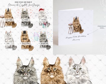 personalised Maine Coon cat Birthday card, Maine Coon cat card, Maine Coon brown, grey long hair tabby, Mother's Day, thank you, father's
