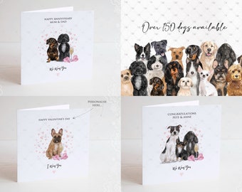May include: Personalized greeting cards featuring a couple of dogs with a glass of champagne and hearts. The text on the cards reads "Happy Anniversary Mum & Dad" and "We Why You".
