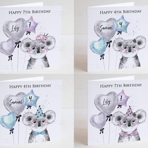May include: Four different birthday cards featuring a koala holding balloons. The cards are personalized with the names "Lily" and "Samual" and the numbers "4" and "7".  The cards have different colored balloons and hats.