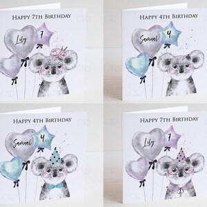May include: Four personalized birthday cards featuring a koala holding balloons. The cards are white with a watercolor design and include the names "Lily" and "Samual" along with the numbers "4" and "7".