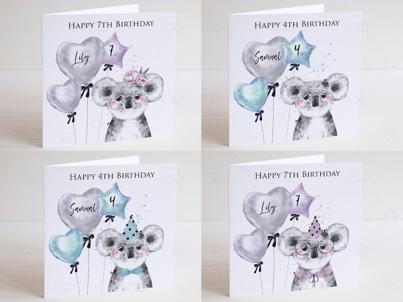 May include: Four personalized birthday cards featuring a koala holding balloons. The cards are white with a watercolor design and include the names "Lily" and "Samual" along with the numbers "4" and "7".