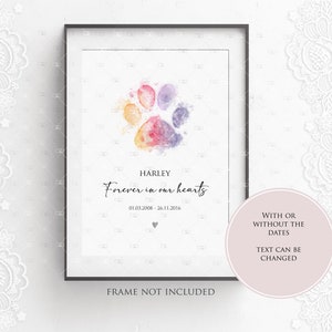 personalised pawprint dog paw print, pet loss, dog memory forever in our hearts, pet sympathy, memorial gift, keepsake, cat,