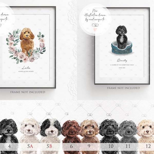 personalised cockapoo print, black labradoodle, cavapoo, cavachon, wall art,  apricot, white, cream, chocolate gift birthday mum dad