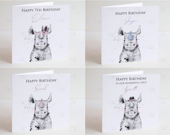 personalised rhino birthday card, rhino card, girls birthday card, boys birthday card, Son birthday card, Nephew daughter, grandson