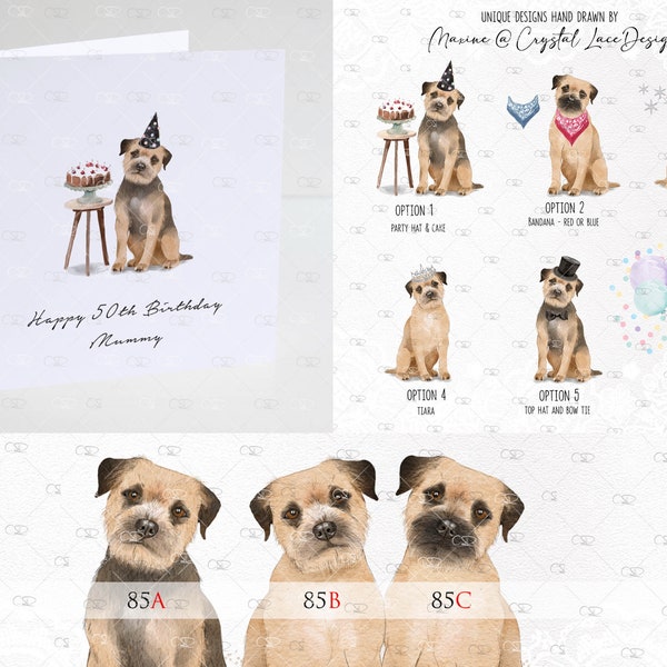 personalised border terrier Birthday card, grizzle, tan wheaten, thank you card, watercolour border terrier card, sympathy, christmas card