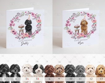 personalised cockapoo Birthday card, cavapoo birthday card, shihpoo, cavachon, personalised cockapoo card, black, chocolate, apricot, white