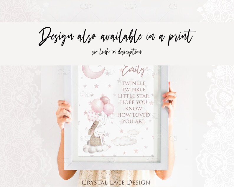 May include: A framed print with a pink and white watercolor illustration of a bunny holding balloons in front of a moon and stars. The text "Emily" and "Twinkle Twinkle Little Star Hope You Know How Loved You Are" is printed on the print.